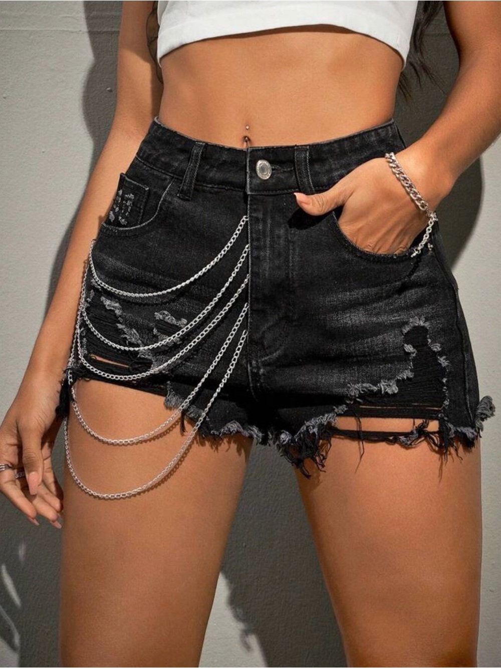 High-Rise Distressed Black Denim Shorts with Chain Detail
